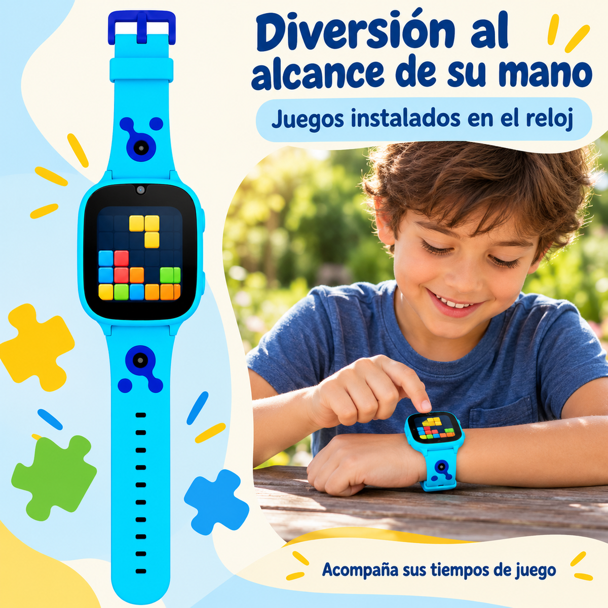 Color azul: reloj infantil con juegos instalados, usado en un paseo familiar