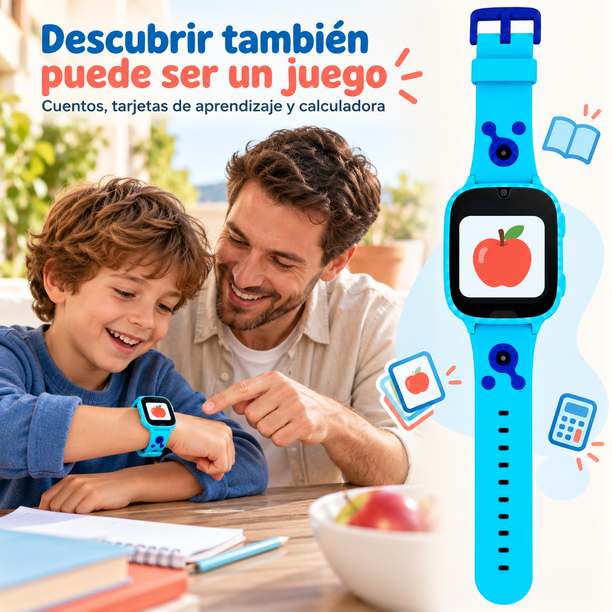 Color azul: smartwatch infantil con cuentos, tarjetas de aprendizaje y calculadora