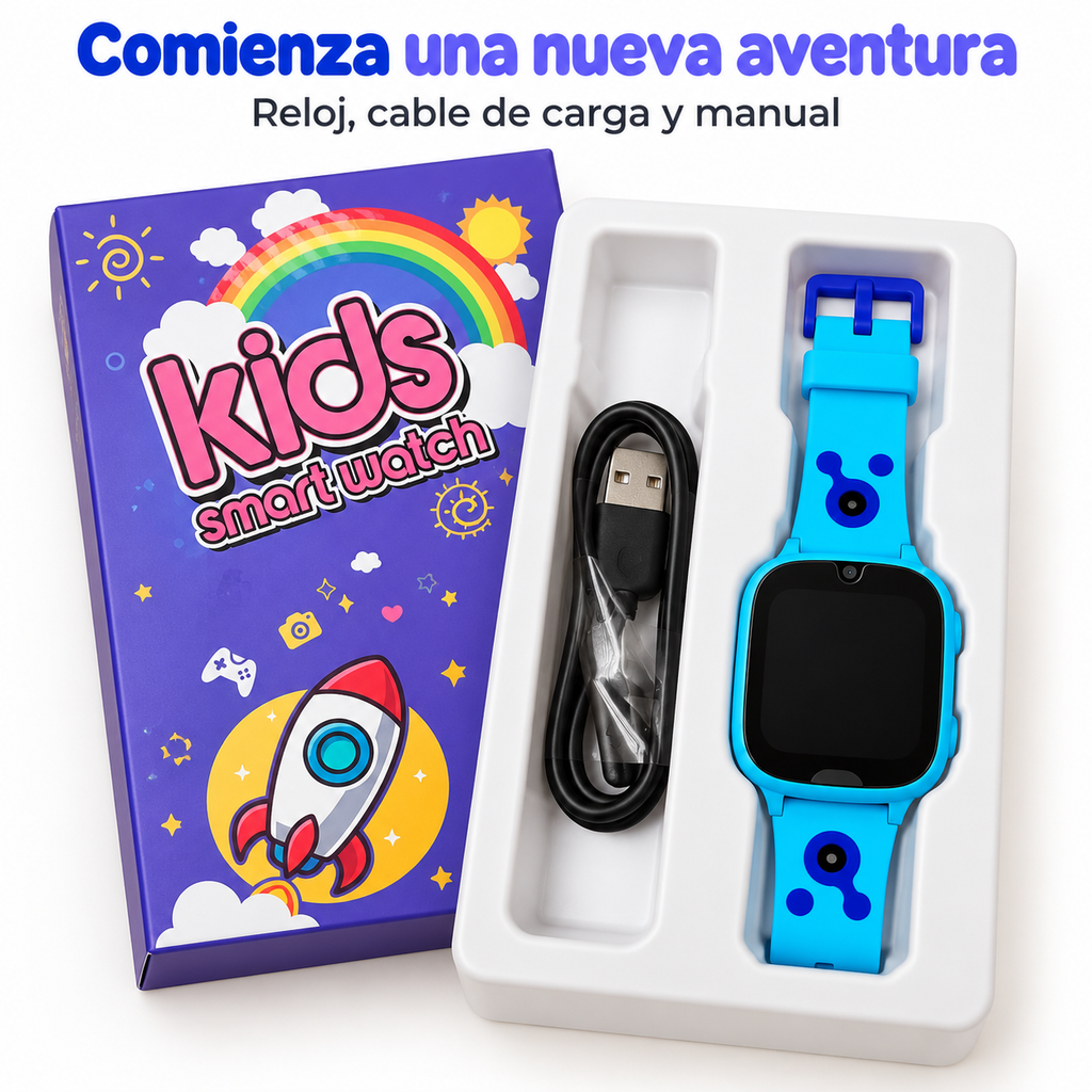 Color azul: reloj infantil con su caja, cable de carga y manual