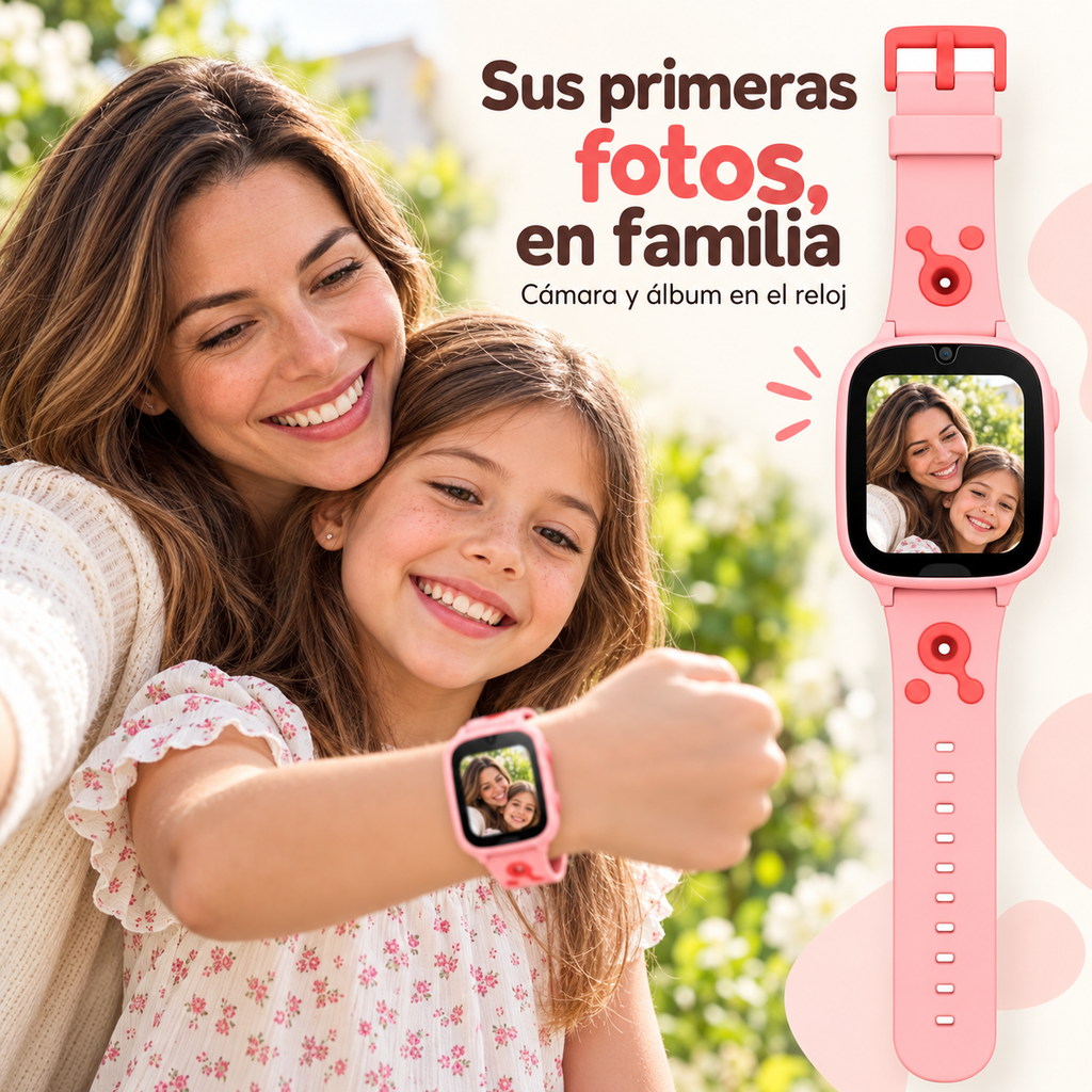 Color rosado: niño tomando una foto en familia con la cámara de su reloj