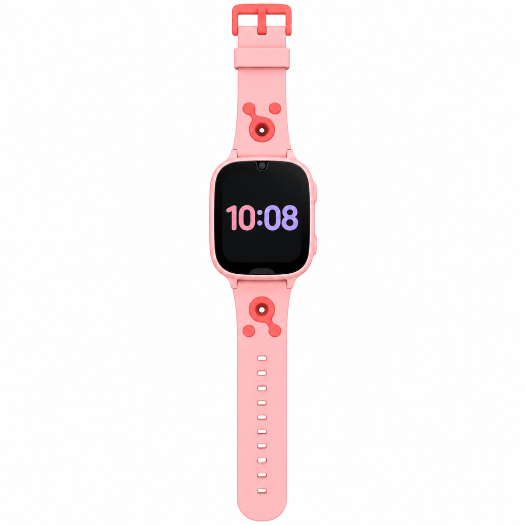 Color rosado: smartwatch infantil con cámara, vista frontal completa sobre fondo blanco