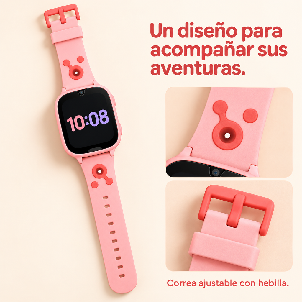 Color rosado: detalle de la correa ajustable, hebilla y cámara frontal del reloj infantil
