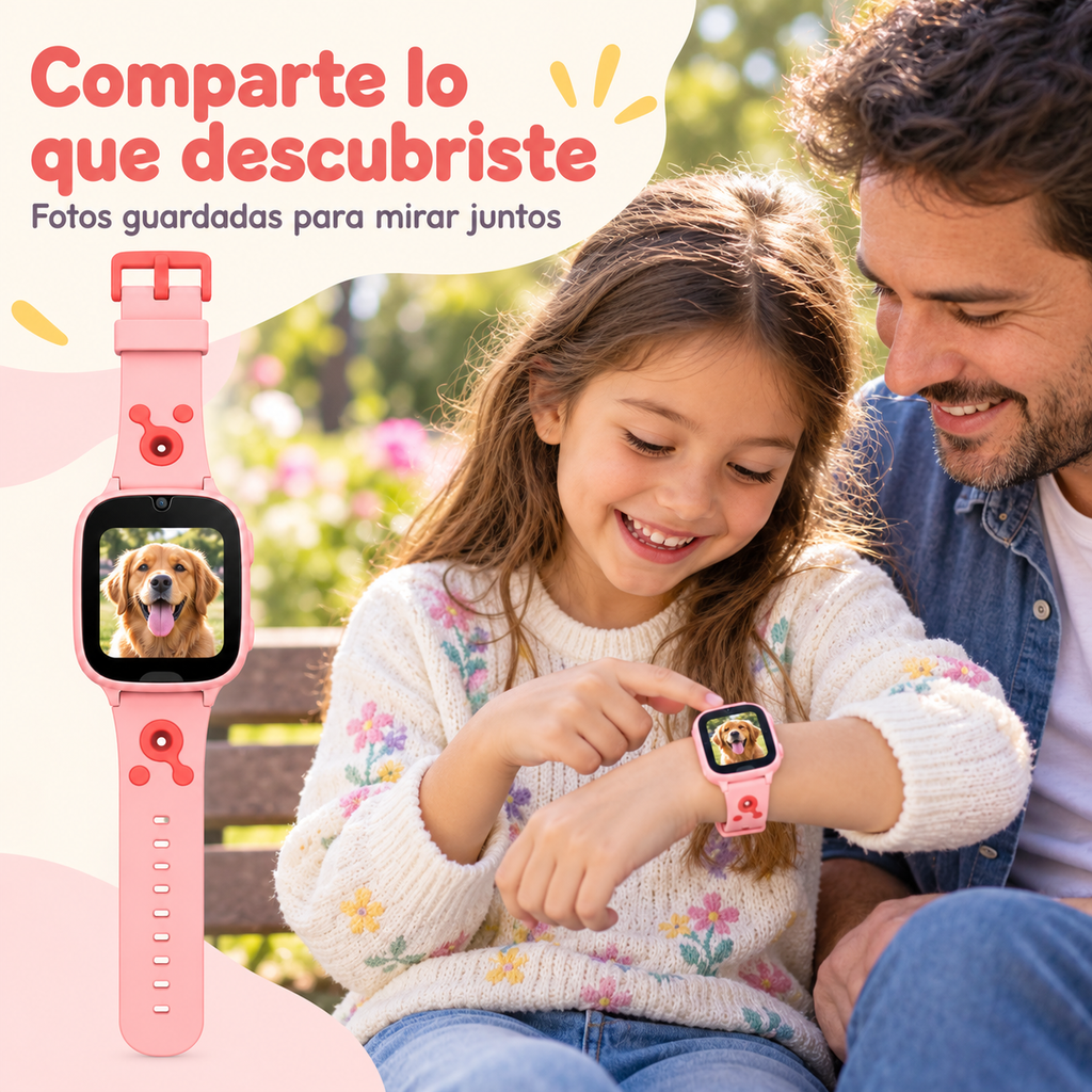 Color rosado: niño mostrando a su padre o madre las fotos guardadas en el reloj
