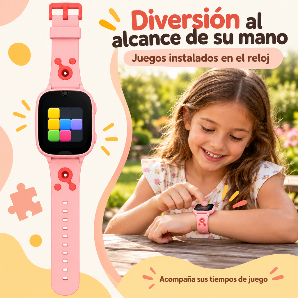 Color rosado: reloj infantil con juegos instalados, usado en un paseo familiar