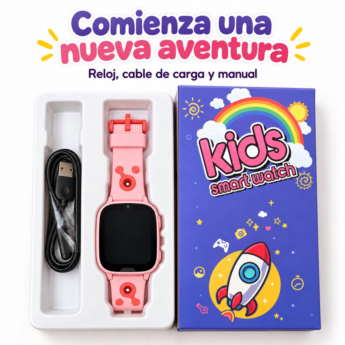 Color rosado: reloj infantil con su caja, cable de carga y manual