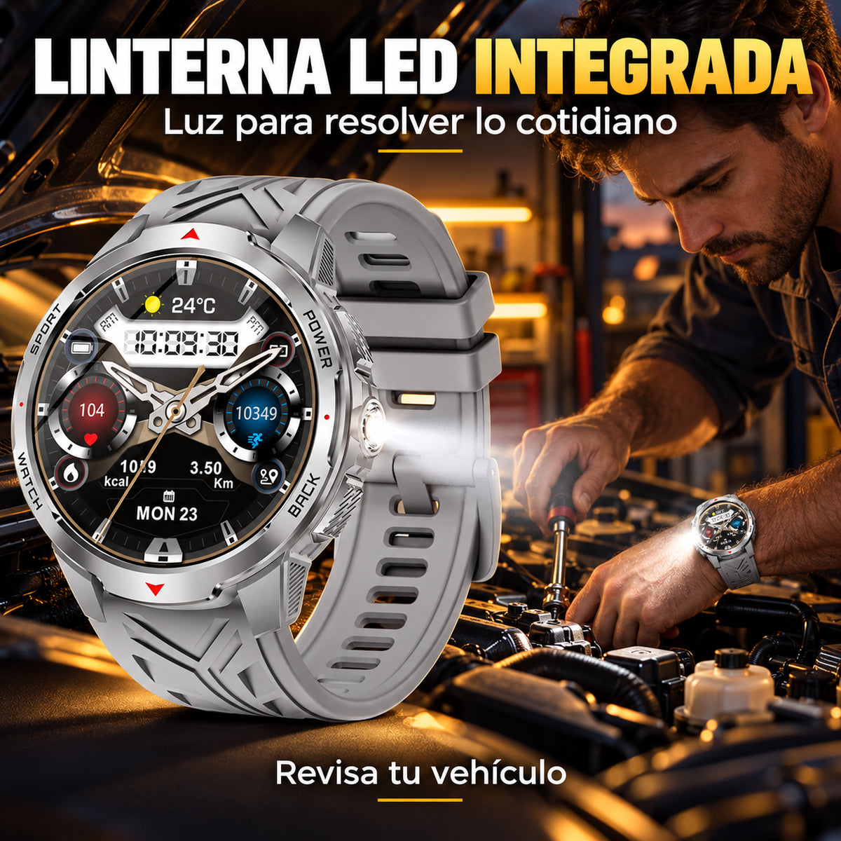 Smartwatch gris con linterna LED lateral encendida; ejemplo de uso durante la revisión del motor del vehículo
