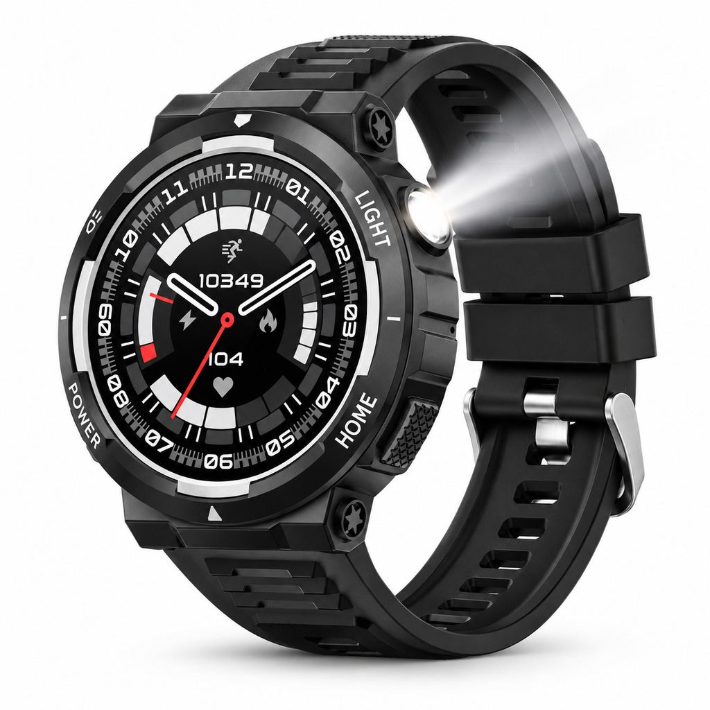 Portada blanca de smartwatch negro con linterna LED encendida