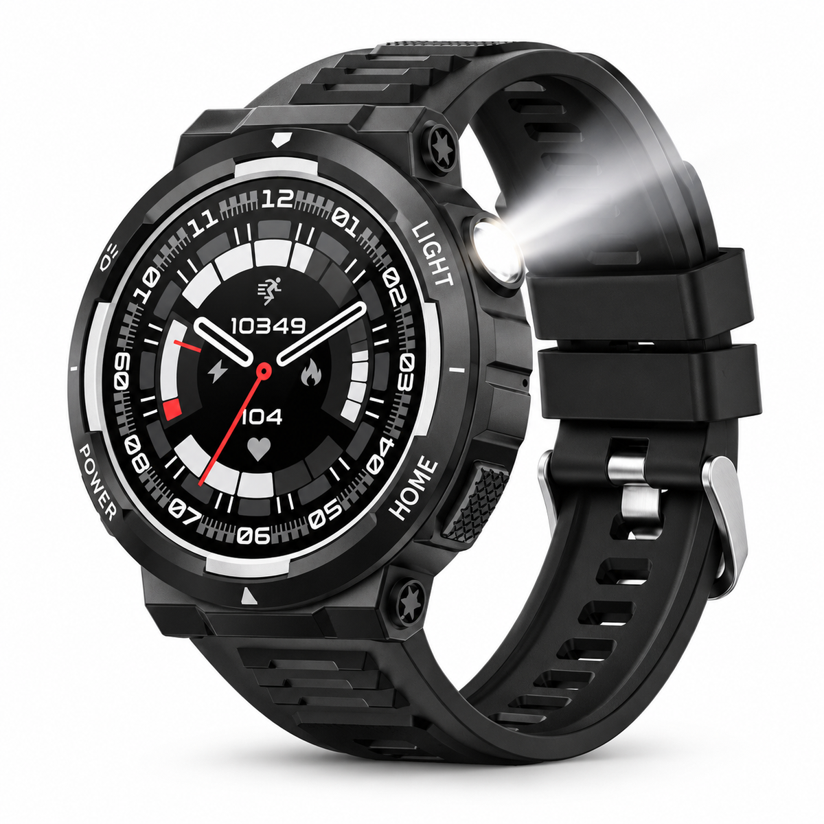Portada blanca de smartwatch negro con linterna LED encendida