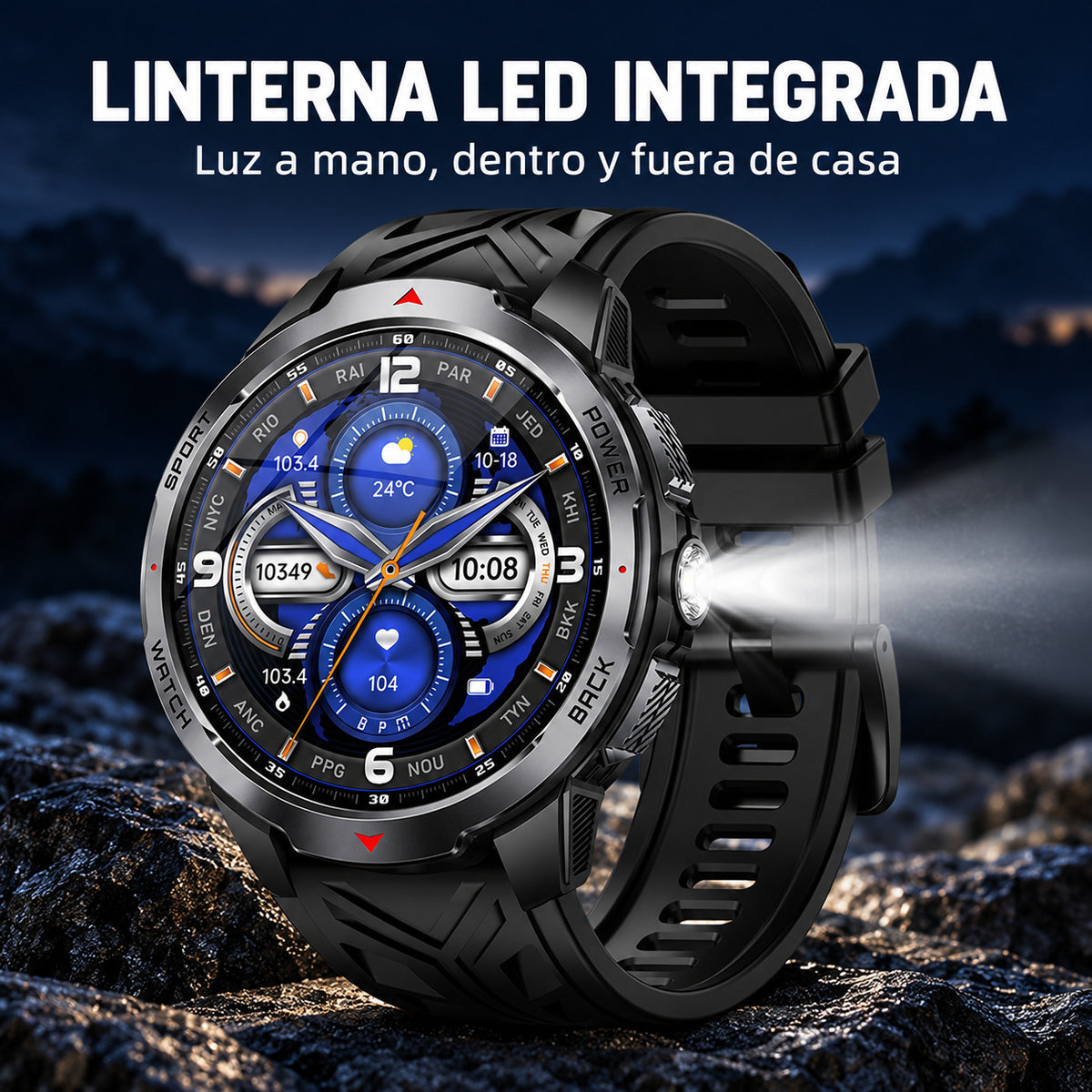 Negro — linterna LED física integrada en el lateral del smartwatch