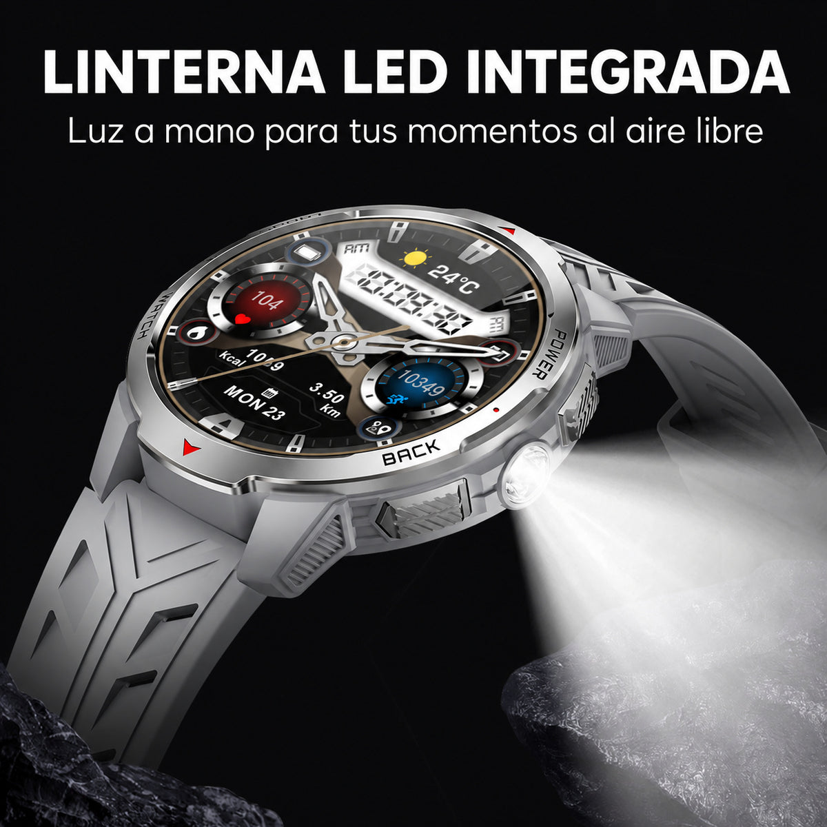 Gris — linterna LED del reloj inteligente, información en castellano