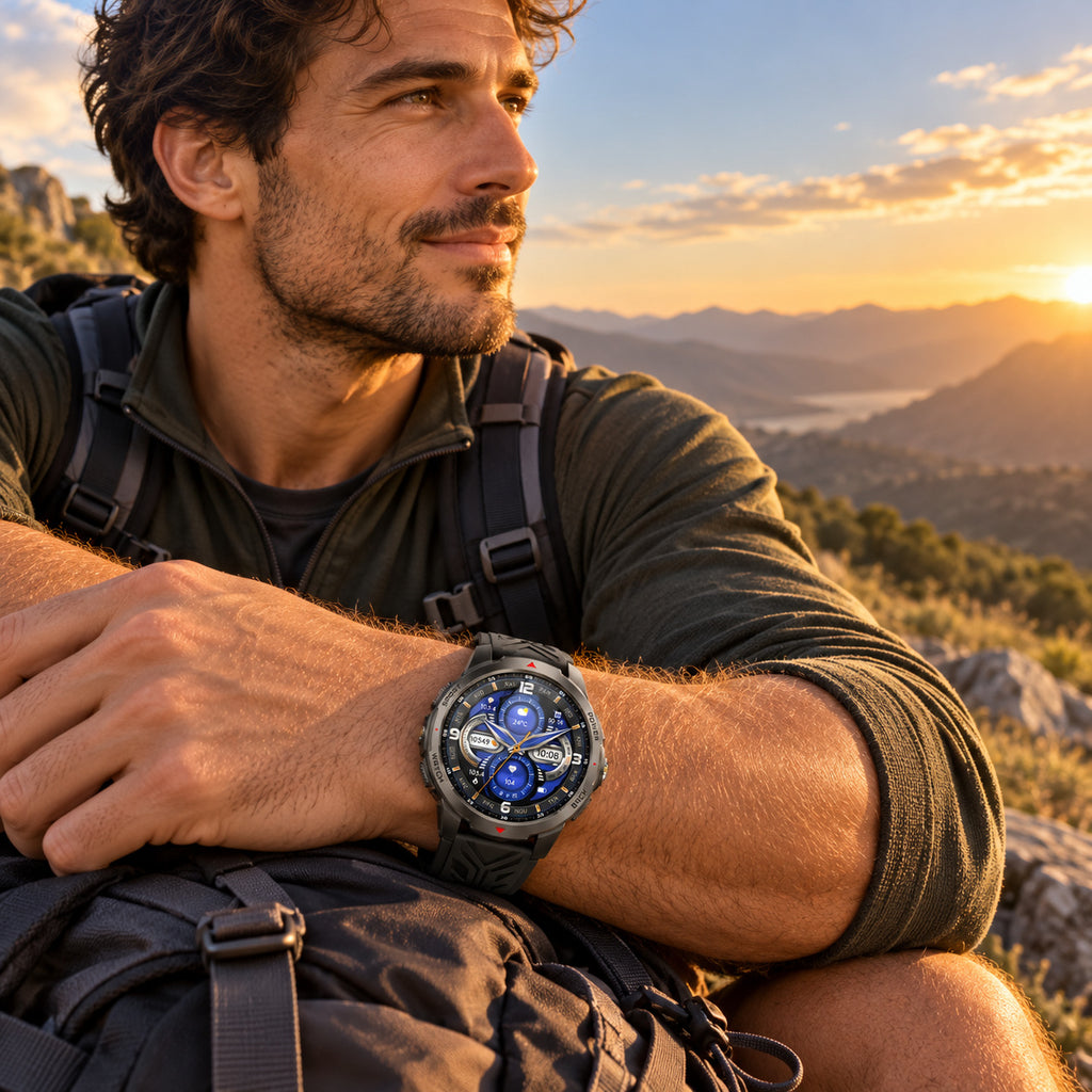 Negro — smartwatch deportivo usado en una caminata al atardecer