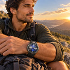 Negro — smartwatch deportivo usado en una caminata al atardecer