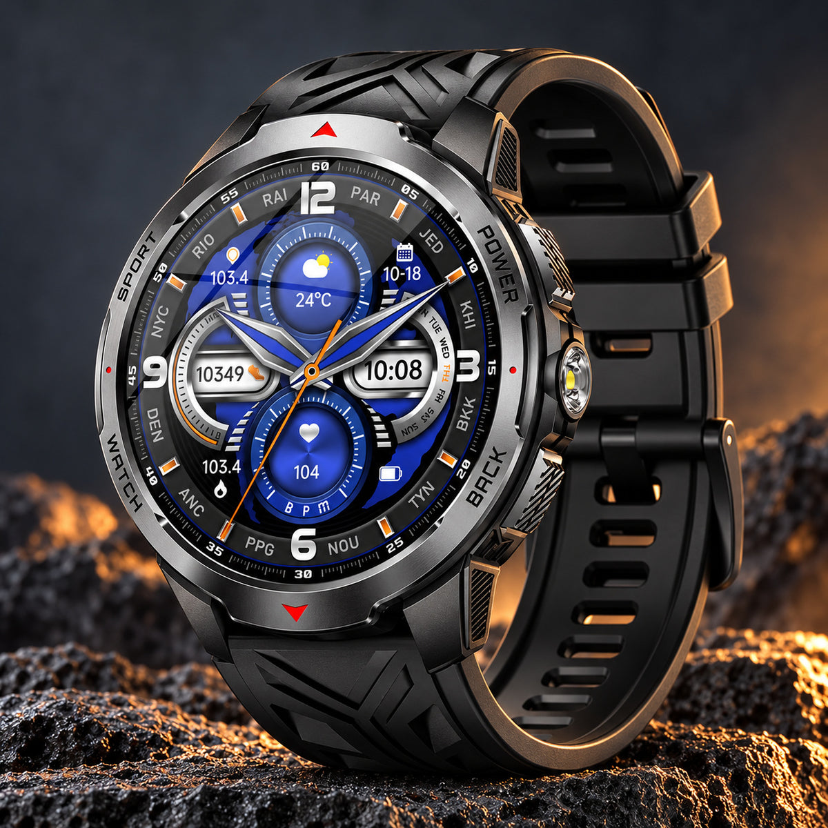Negro — vista del smartwatch y su correa geométrica sobre fondo oscuro