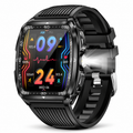 Smartwatch rectangular negro con linterna LED lateral encendida sobre fondo blanco